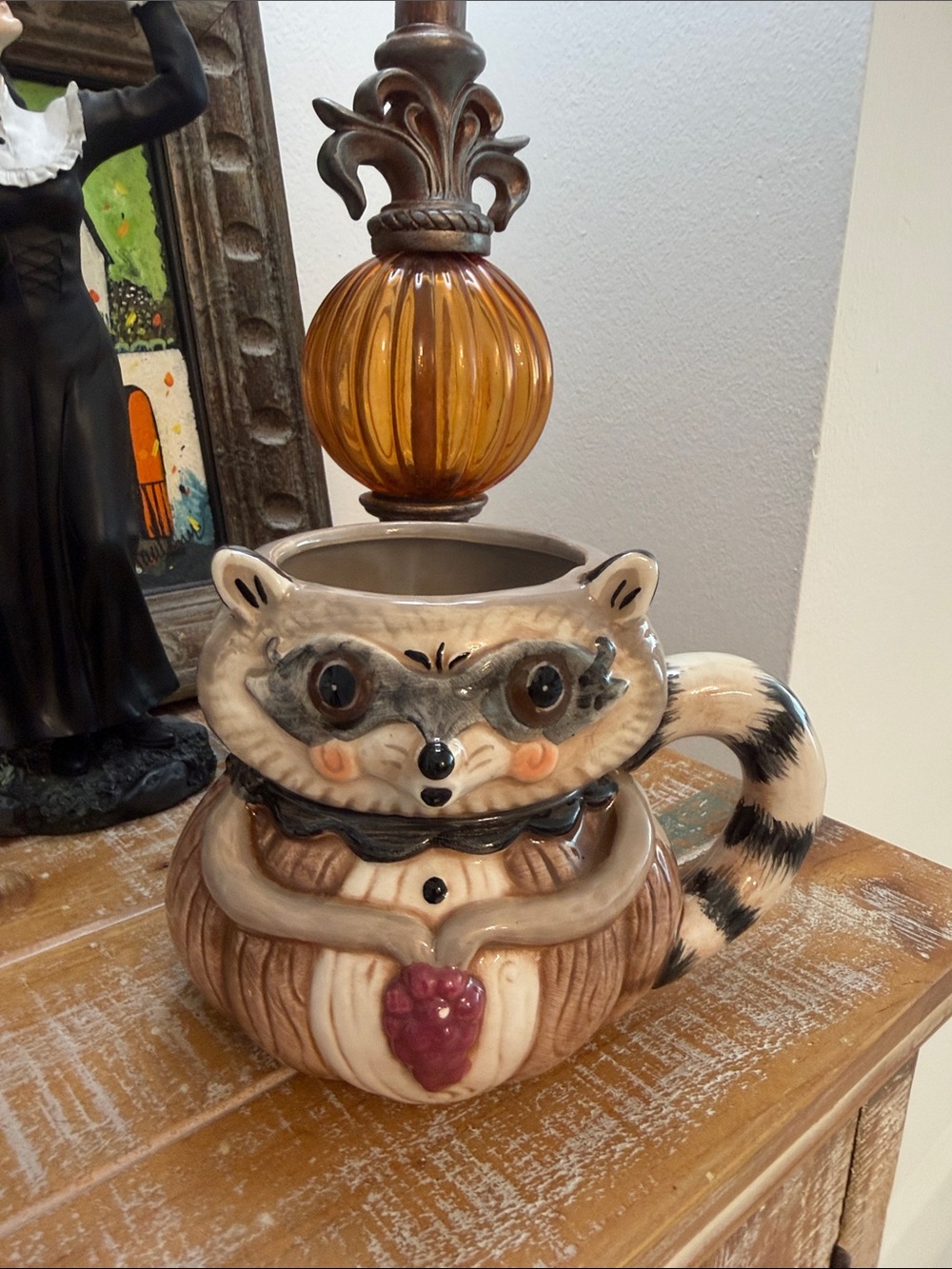 Johanna Parker Ceramic Racoon with Grapes MUG in Brown/Pink/ Cream Accent
